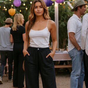 Relativity Women Black 20W Boho Linen Crop Drawstring Capris Pocket Beach Preppy